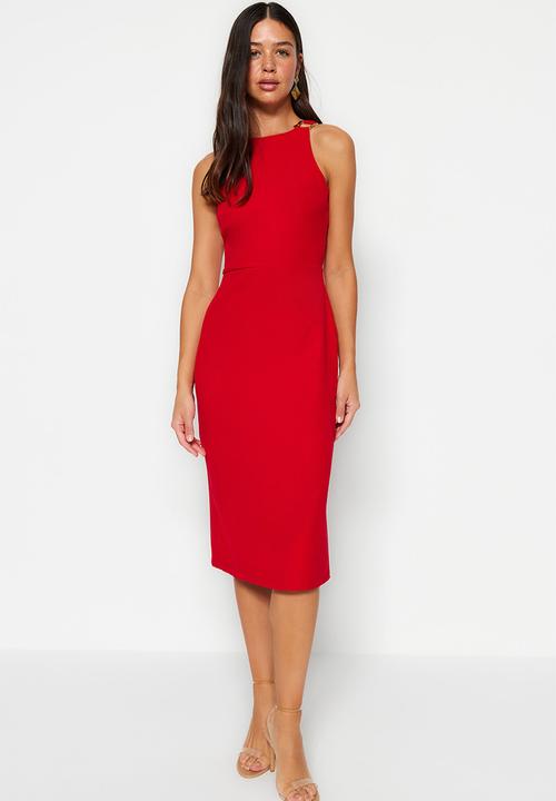 Trendyol - Fitted midi pencil skirt woven dress with accessory detail on the collar  - red