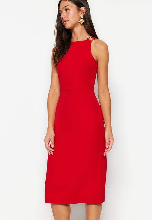 Trendyol - Fitted midi pencil skirt woven dress with accessory detail on the collar  - red