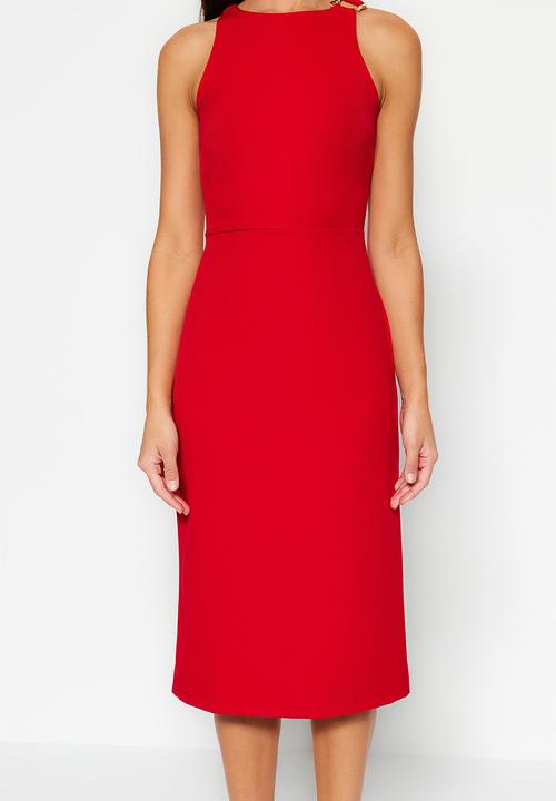 Trendyol - Fitted midi pencil skirt woven dress with accessory detail on the collar  - red