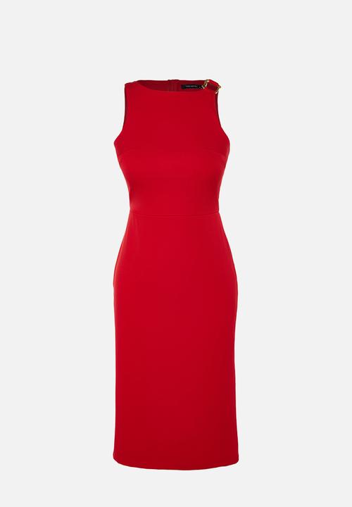 Trendyol - Fitted midi pencil skirt woven dress with accessory detail on the collar  - red