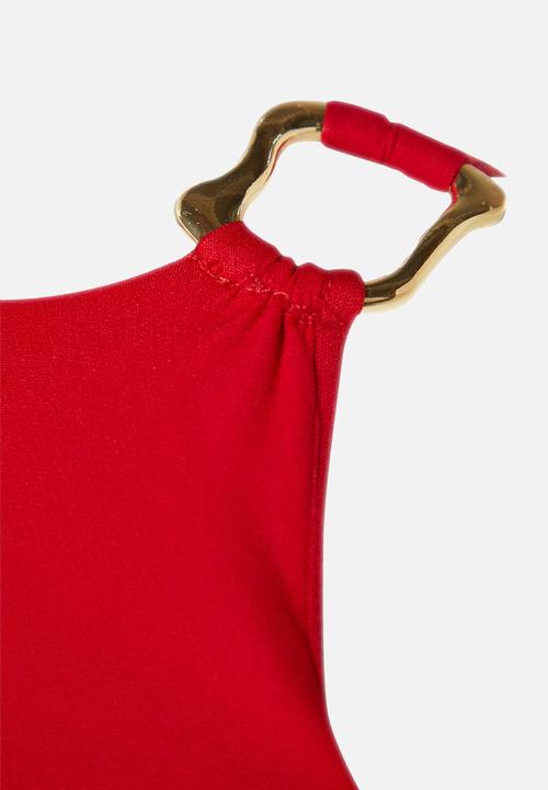 Trendyol - Fitted midi pencil skirt woven dress with accessory detail on the collar  - red