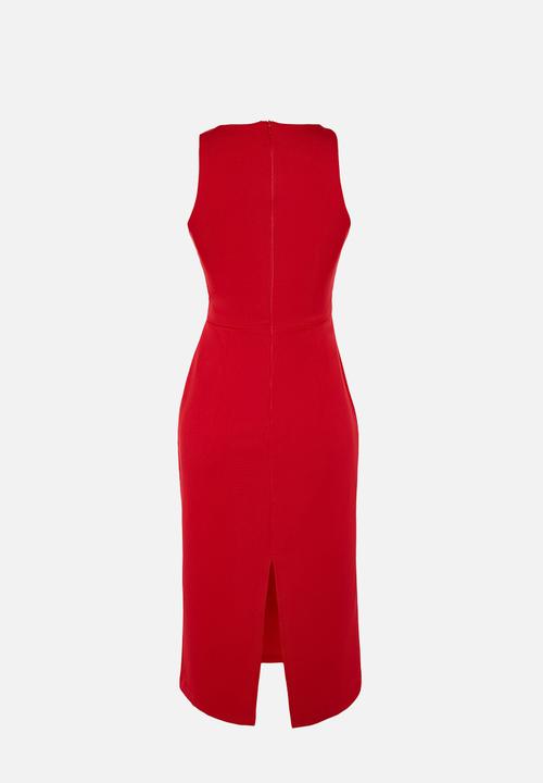Trendyol - Fitted midi pencil skirt woven dress with accessory detail on the collar  - red