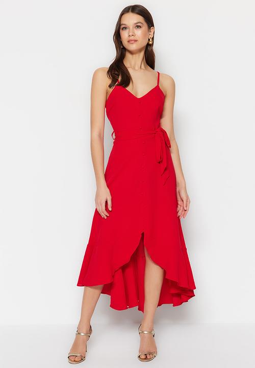 Trendyol - Belted a-cut flounced button detailed woven maxi dress  - red