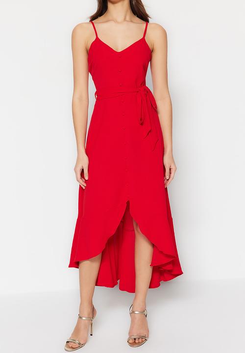 Trendyol - Belted a-cut flounced button detailed woven maxi dress  - red