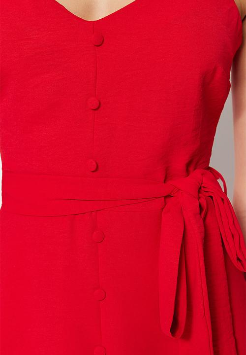 Trendyol - Belted a-cut flounced button detailed woven maxi dress  - red