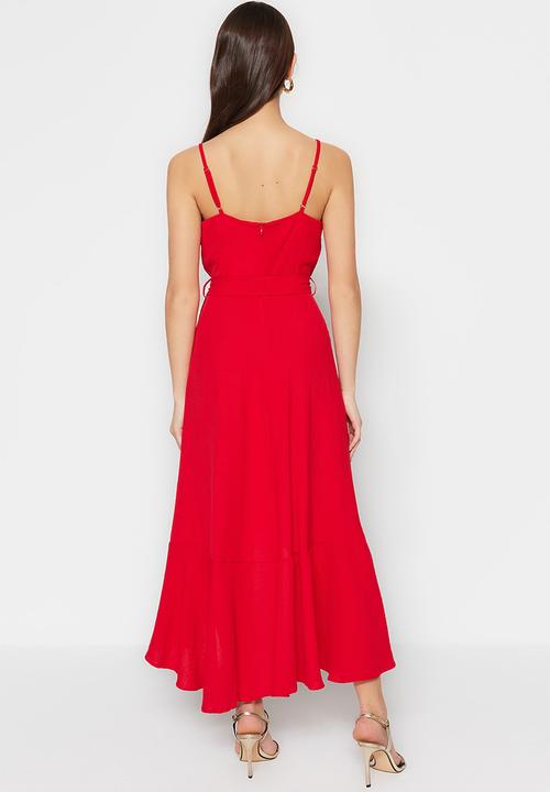 Trendyol - Belted a-cut flounced button detailed woven maxi dress  - red