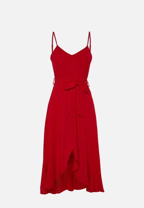 Trendyol - Belted a-cut flounced button detailed woven maxi dress  - red
