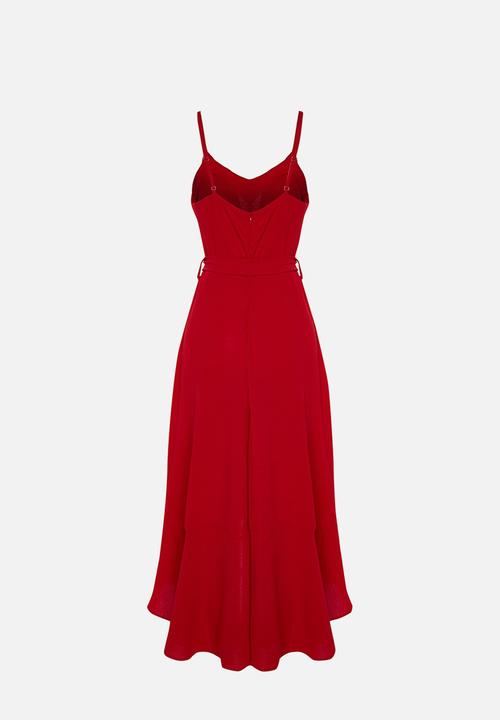 Trendyol - Belted a-cut flounced button detailed woven maxi dress  - red