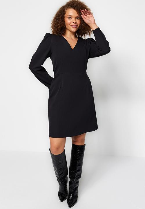 Trendyol - Plus size v neck balloon sleeve mini/short length woven dress  - black