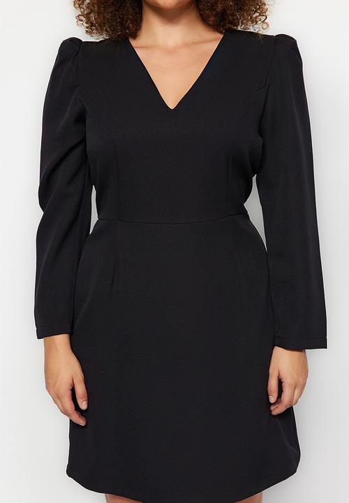 Trendyol - Plus size v neck balloon sleeve mini/short length woven dress  - black