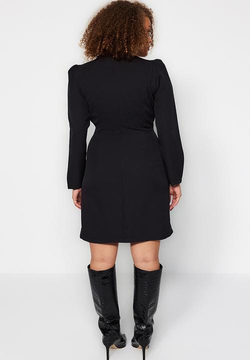 Trendyol - Plus size v neck balloon sleeve mini/short length woven dress  - black