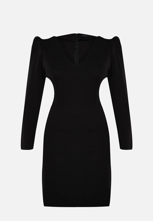 Trendyol - Plus size v neck balloon sleeve mini/short length woven dress  - black