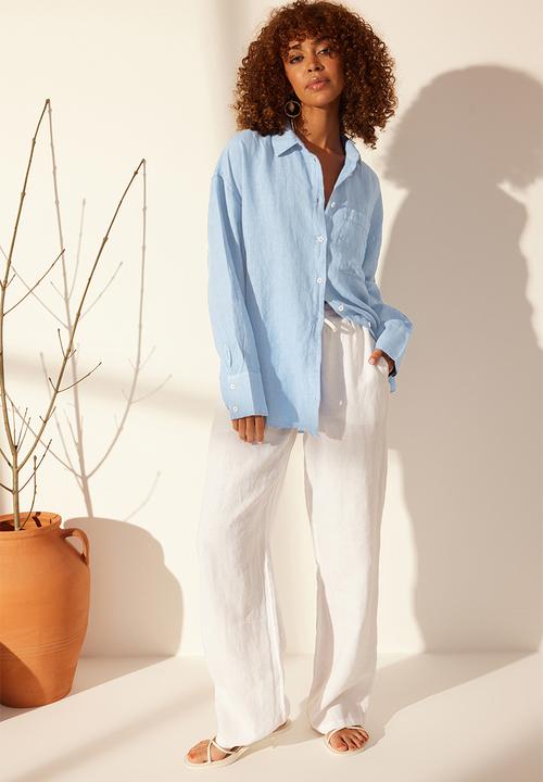 Trendyol - Linen oversize shirt  - blue