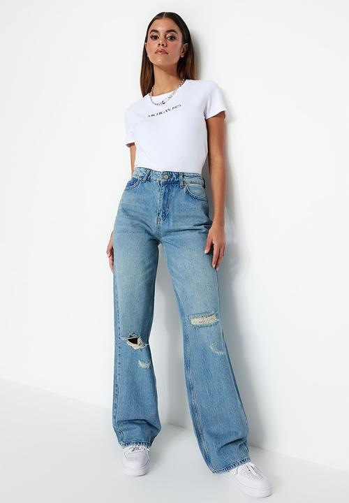Trendyol - Pale effect vintage low waist wide leg jeans  - ripped blue