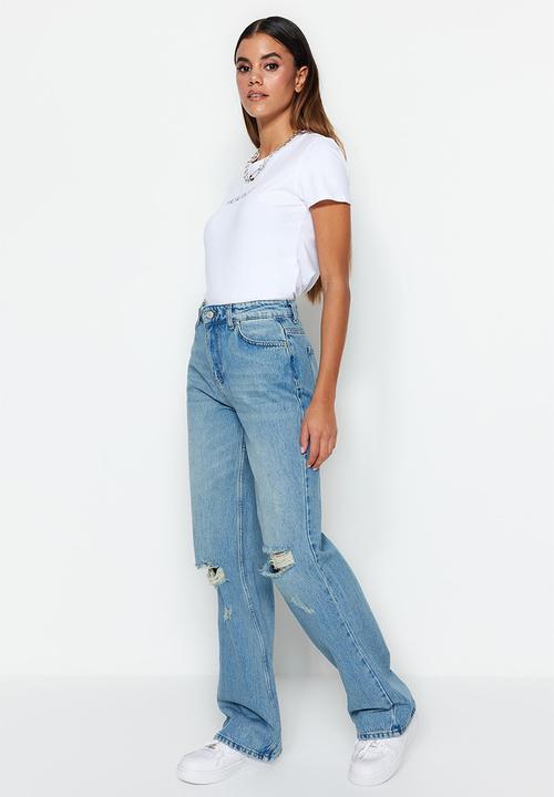 Trendyol - Pale effect vintage low waist wide leg jeans  - ripped blue