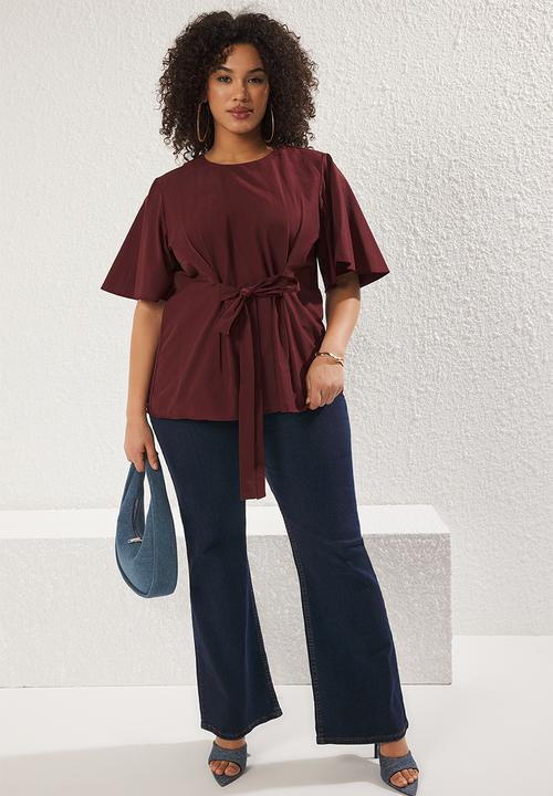 Trendyol - Plus size red binding detailed woven blouse - bordeaux