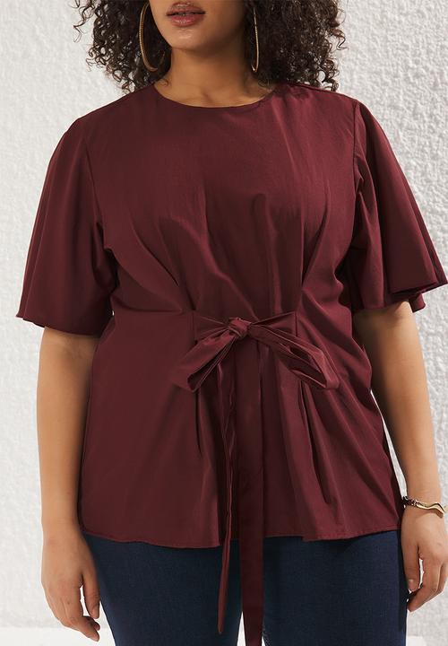 Trendyol - Plus size red binding detailed woven blouse - bordeaux