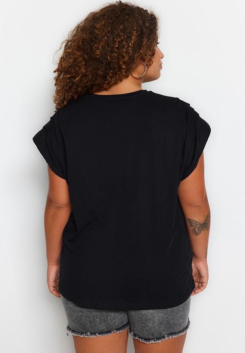 Trendyol - Plus size crew neck basic 100% cotton knitted plus size blouse  - black