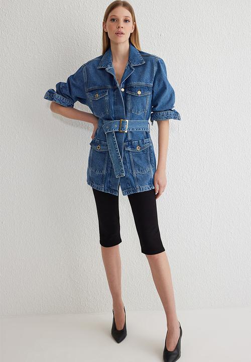 Trendyol - Belted pocket detailed denim jacket  - blue