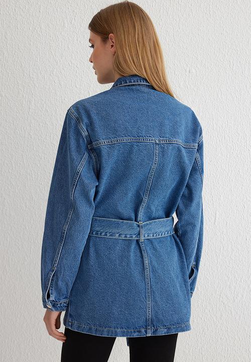 Trendyol - Belted pocket detailed denim jacket  - blue