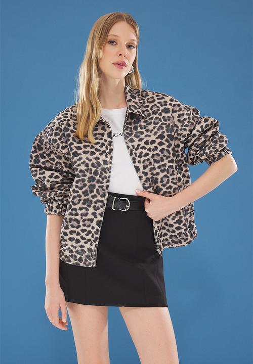 Trendyol - Leopard print zipper oversize denim bomber jacket  - multi-colored