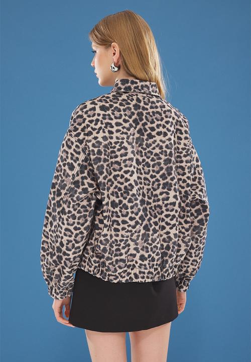 Trendyol - Leopard print zipper oversize denim bomber jacket  - multi-colored