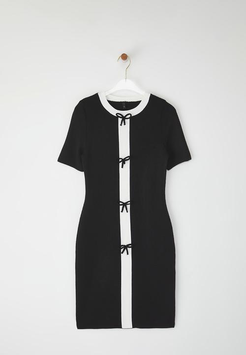 Trendyol - Color Block Mini Stand Collar Ribbon Detail Dress - Black