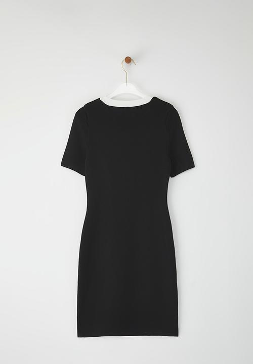 Trendyol - Color Block Mini Stand Collar Ribbon Detail Dress - Black