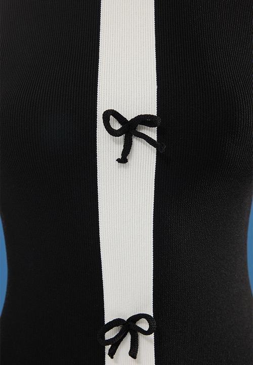 Trendyol - Color Block Mini Stand Collar Ribbon Detail Dress - Black