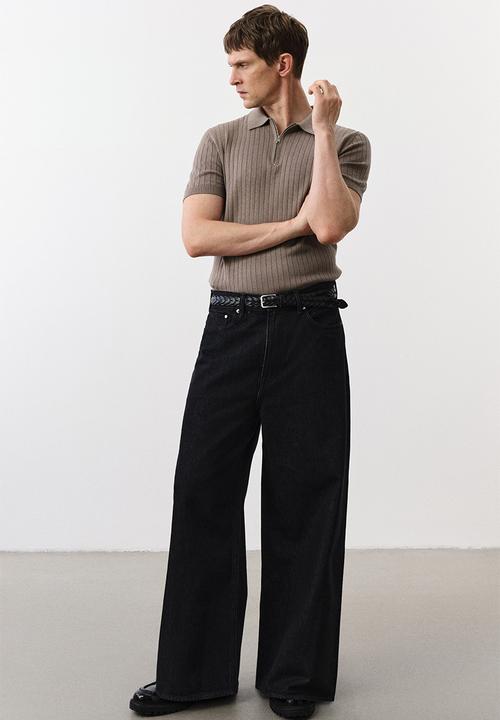 H&M - Slim fit rib-knit polo shirt - dark beige