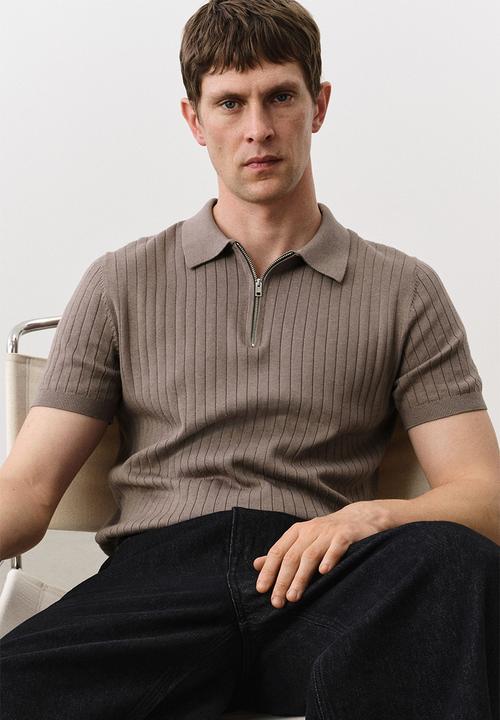 H&M - Slim fit rib-knit polo shirt - dark beige