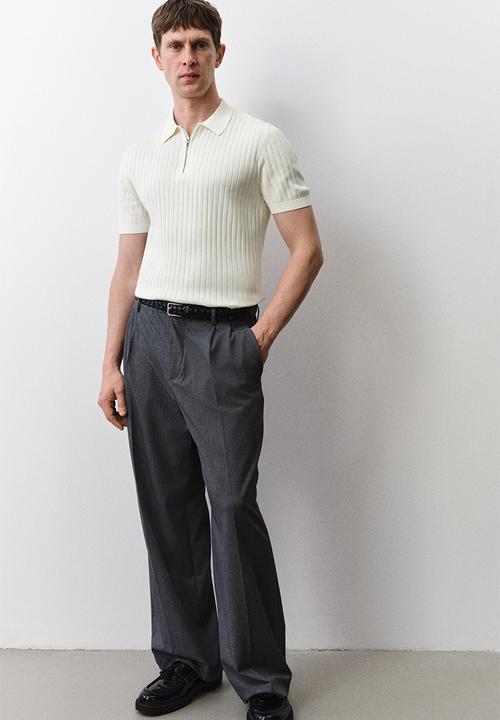 H&M - Slim fit rib-knit polo shirt - cream
