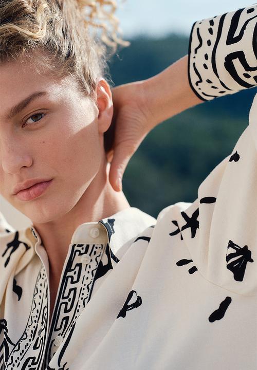 H&M - Linen-blend shirt - cream patterned