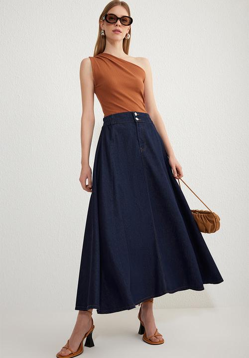 Trendyol - Blue flounce elastic waist maxi denim skirt  - dark blue