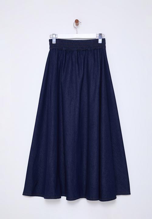 Trendyol - Blue flounce elastic waist maxi denim skirt  - dark blue