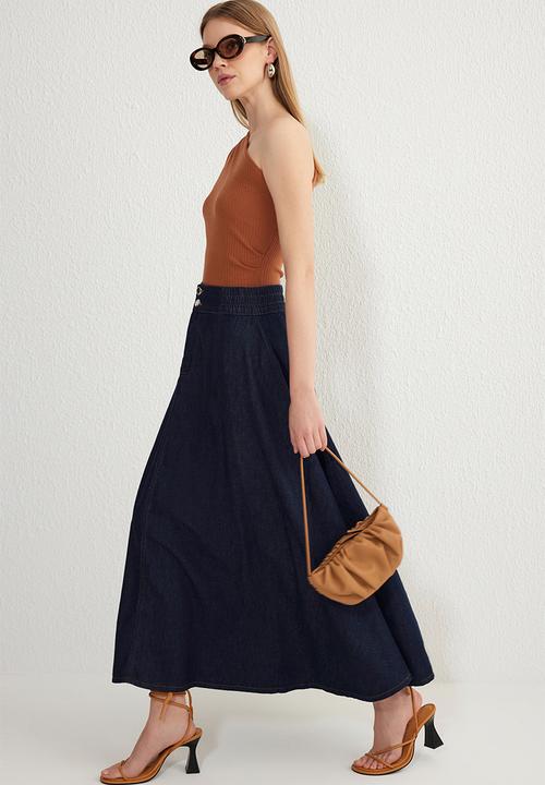 Trendyol - Blue flounce elastic waist maxi denim skirt  - dark blue