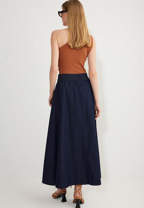 Trendyol - Blue flounce elastic waist maxi denim skirt  - dark blue