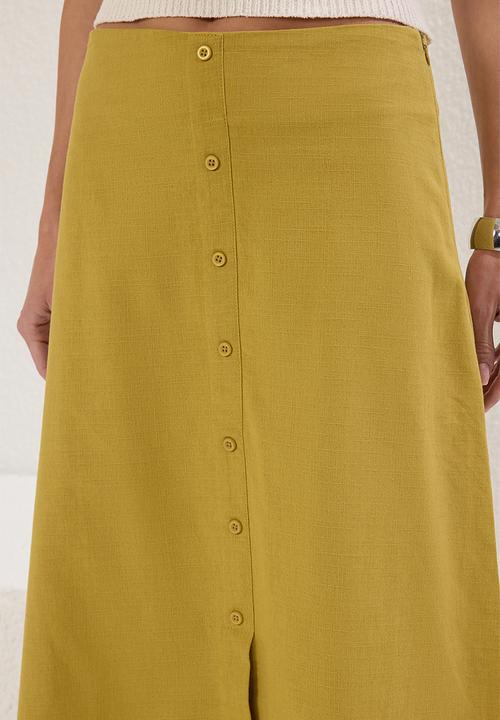 Trendyol - Green button detail linen look lined maxi woven skirt  - khaki