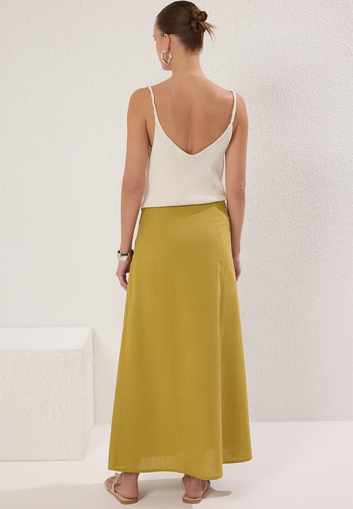 Trendyol - Green button detail linen look lined maxi woven skirt  - khaki