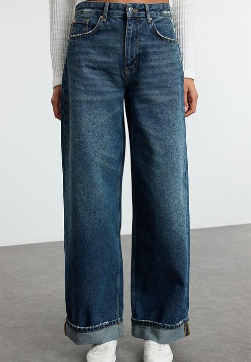 Trendyol - Blue folded leg regular waist skater baggy jeans  - dark blue