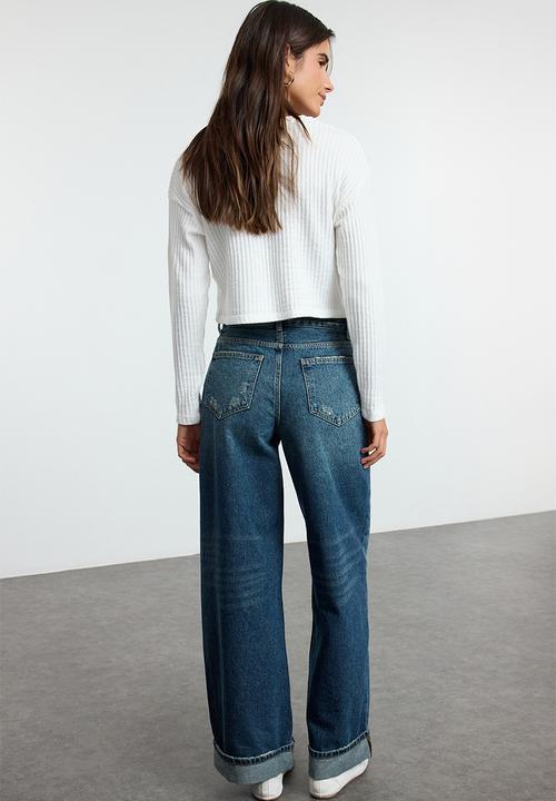 Trendyol - Blue folded leg regular waist skater baggy jeans  - dark blue