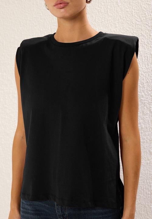 Trendyol - Relaxed Padded Shoulder Knitted T-Shirt - Black