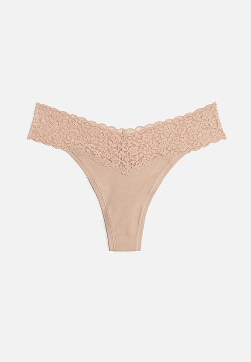 H&M - 3-pack cotton and lace thong briefs - white,beige,black