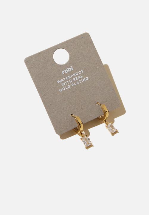 Rubi - Waterproof mid charm earring- gold plated diamante baguette