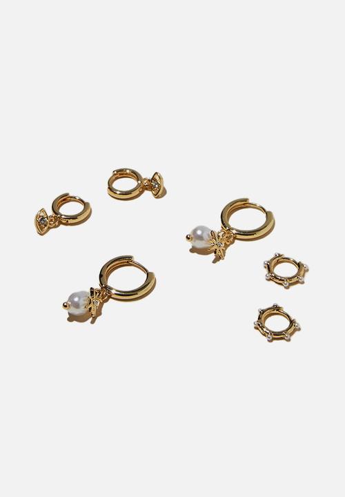 Rubi - 3pk mid earring gold plated pearl eye celestial - gold