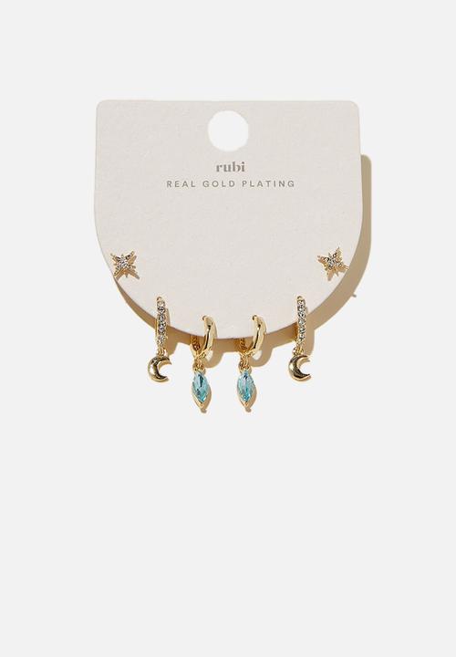 Rubi - 3pk small earring - gold plated dia light blue moon