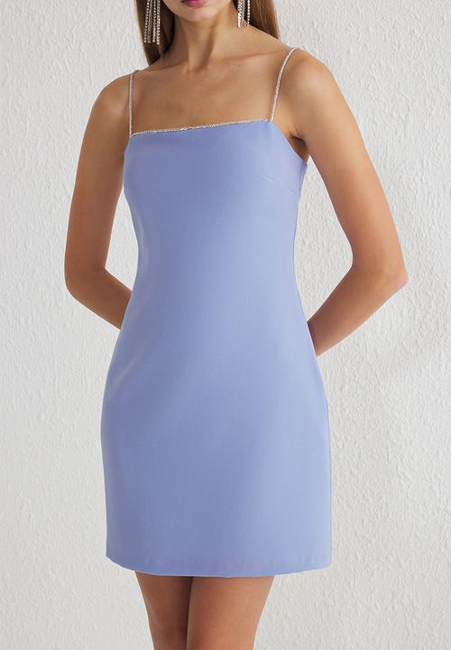 Trendyol - Stone Accessory Detailed Strapless  Evening Dress - light blue