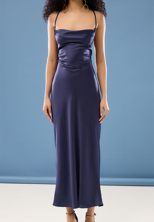 Trendyol - Navy Blue Detailed Cowl Neck Satin Woven Elegant  Dress