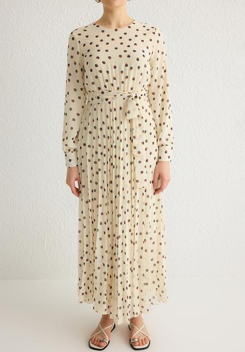Trendyol - Ecru Polka Dot Belt Detailed Lined Pleated Chiffon Woven Dress