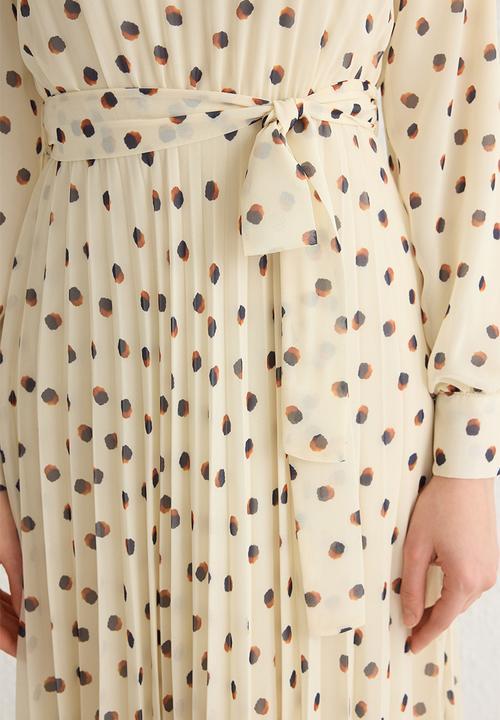 Trendyol - Ecru Polka Dot Belt Detailed Lined Pleated Chiffon Woven Dress